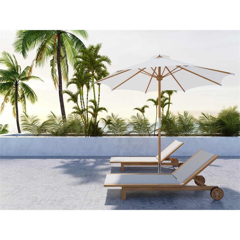 Pemberly Row Traditional Teak Outdoor Reclining Sunlounger in White with Wheels