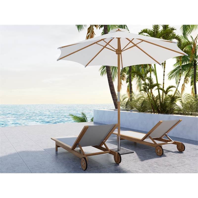 Pemberly Row Traditional Teak Outdoor Reclining Sunlounger in White with Wheels