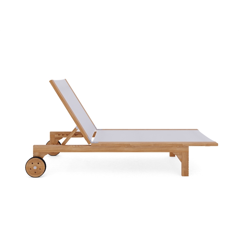 Pemberly Row Traditional Teak Outdoor Reclining Sunlounger in White with Wheels