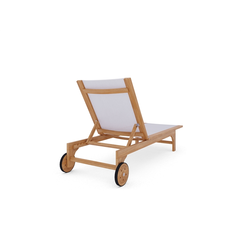 Pemberly Row Traditional Teak Outdoor Reclining Sunlounger in White with Wheels