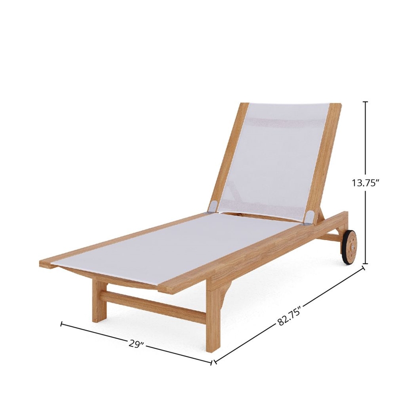 Pemberly Row Traditional Teak Outdoor Reclining Sunlounger in White with Wheels