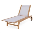 Pemberly Row Traditional Teak Outdoor Reclining Sunlounger in White with Wheels