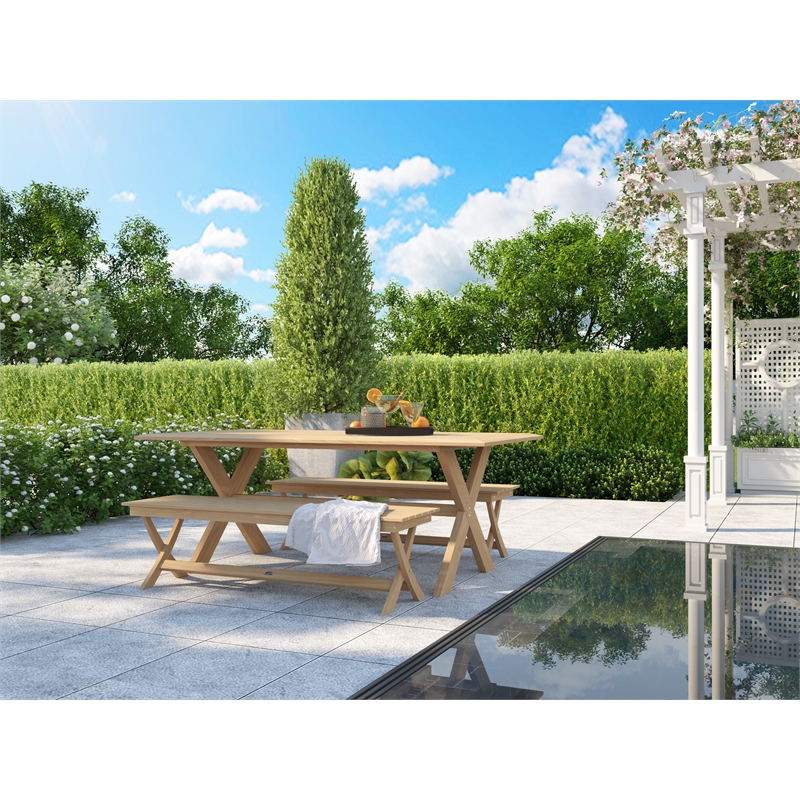 Pemberly Row 3-Piece Rectangular Teak Outdoor Picnic Dining Set in Natural