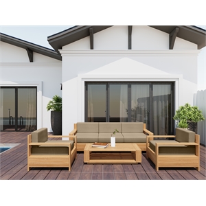 Pemberly Row 4-Piece Teak Outdoor Patio Deep Seating Set w/ Fawn Cushions