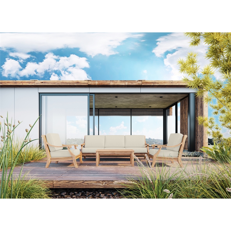 Pemberly Row Traditional Teak Deep Seating Outdoor Club Chair in Tan