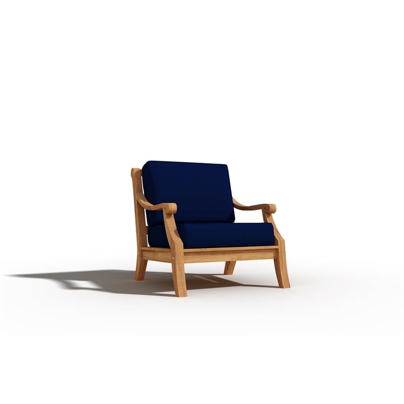 Pemberly Row Traditional Teak Deep Seating Outdoor Club Chair with Navy Cushion