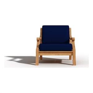 Pemberly Row Traditional Teak Deep Seating Outdoor Club Chair with Navy Cushion