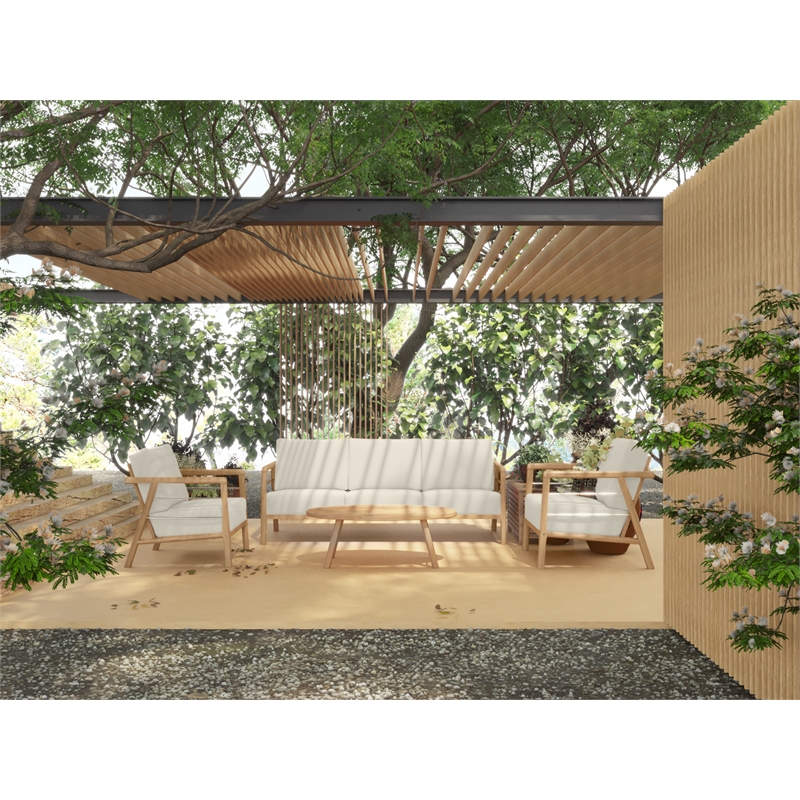 Pemberly Row Traditional Teak Deep Seating Outdoor Club Chair in Tan