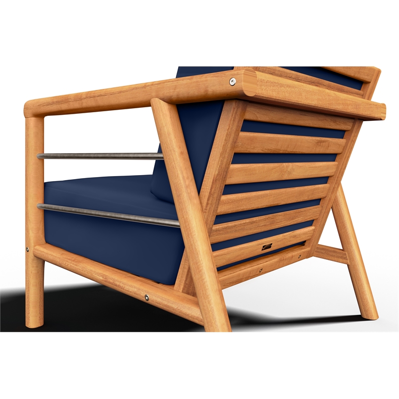 Pemberly Row Traditional Teak Deep Seating Outdoor Club Chair with Navy Cushion