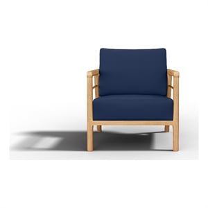 Pemberly Row Traditional Teak Deep Seating Outdoor Club Chair with Navy Cushion