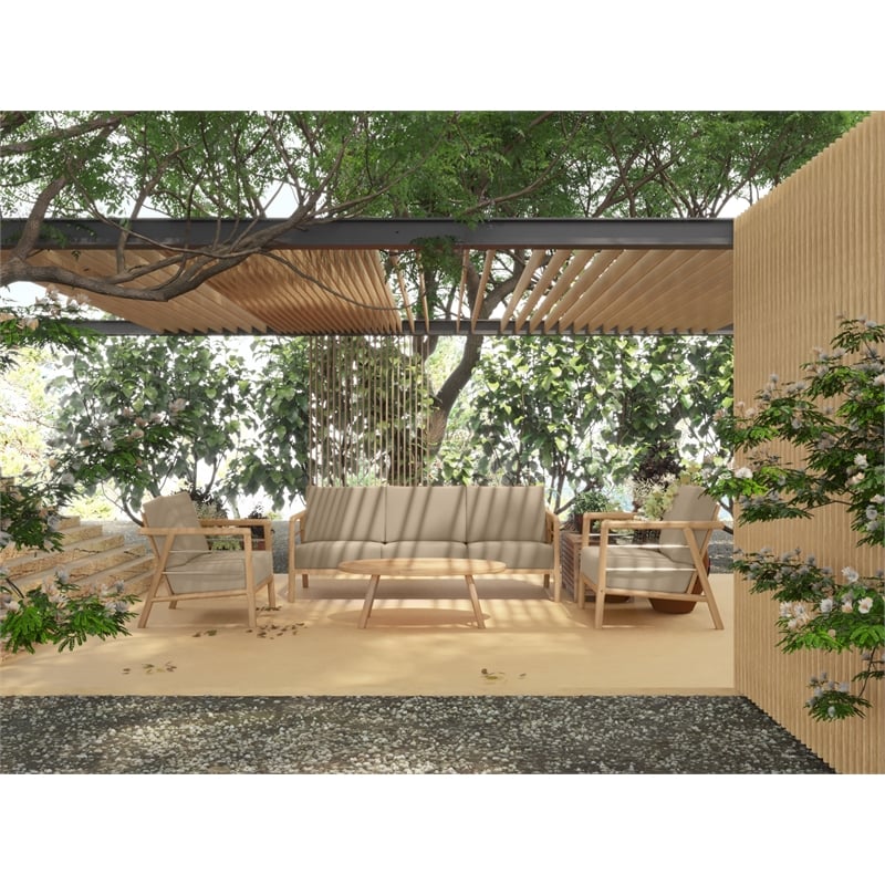 Pemberly Row 86-inch Teak Deep Seating Outdoor Sofa with Fawn Cushion
