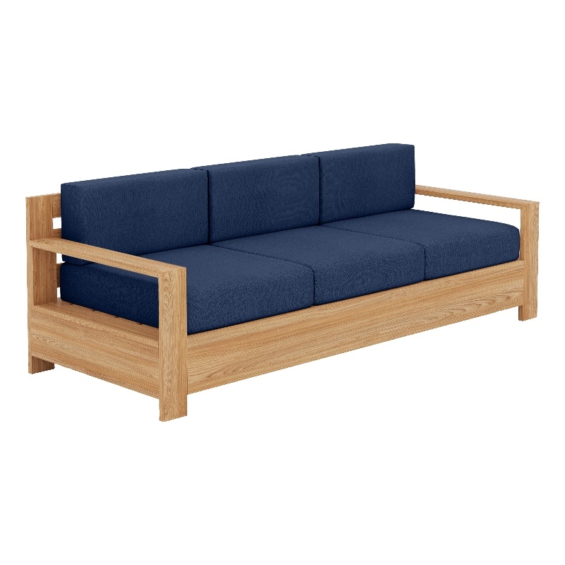 Pemberly Row Traditional Teak Deep Seating Outdoor Sofa with Navy Cushions