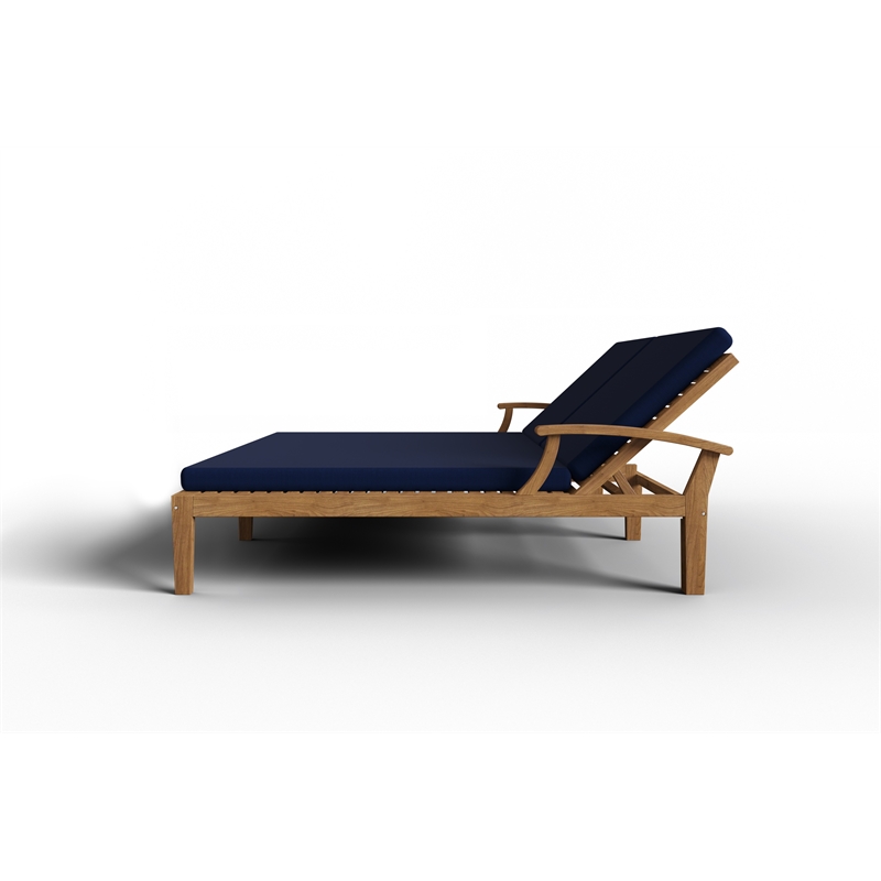 Pemberly Row Outdoor Teak Double Reclining Sunlounger w/ Navy Cushion