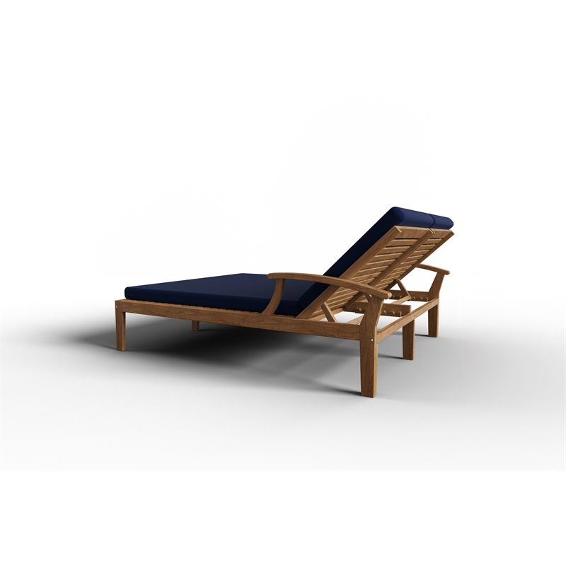 Pemberly Row Outdoor Teak Double Reclining Sunlounger w/ Navy Cushion