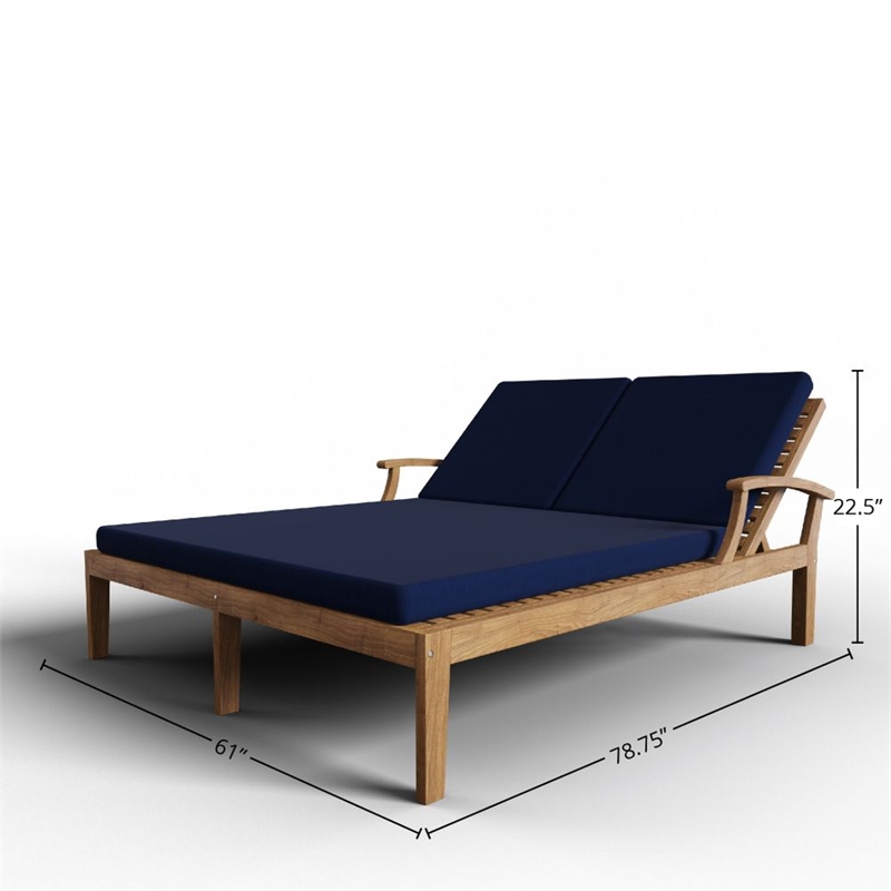 Pemberly Row Outdoor Teak Double Reclining Sunlounger w/ Navy Cushion