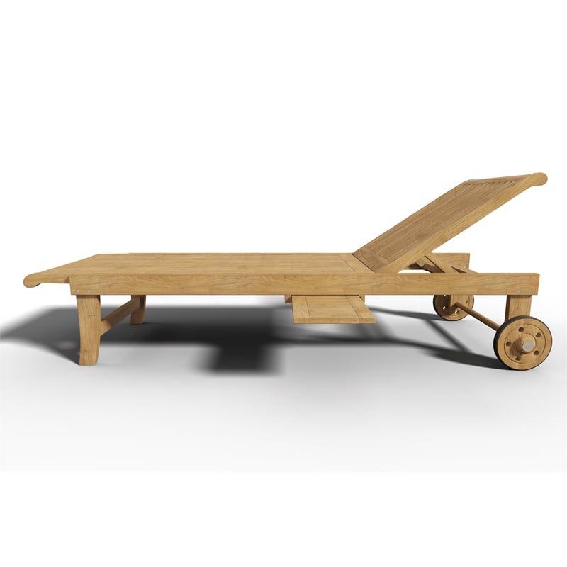 Pemberly Row Reclining Teak Outdoor Sunlounger w/ Wheels and Cupholder
