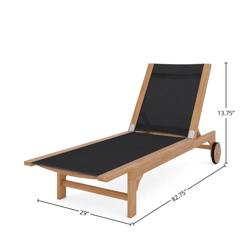Pemberly Row Traditional Teak Outdoor Reclining Sunlounger in Black with Wheels