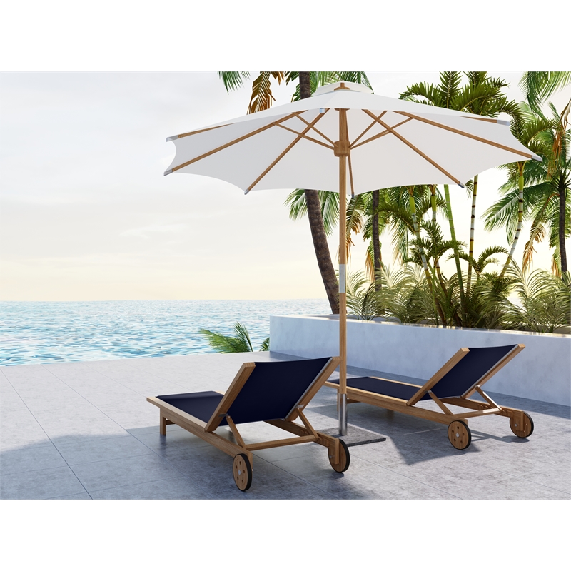 Pemberly Row Traditional Teak Outdoor Reclining Sunlounger in Blue with Wheels