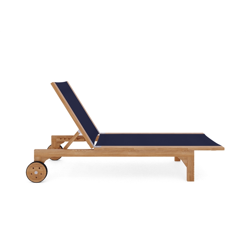 Pemberly Row Traditional Teak Outdoor Reclining Sunlounger in Blue with Wheels