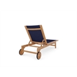 Pemberly Row Traditional Teak Outdoor Reclining Sunlounger in Blue with Wheels