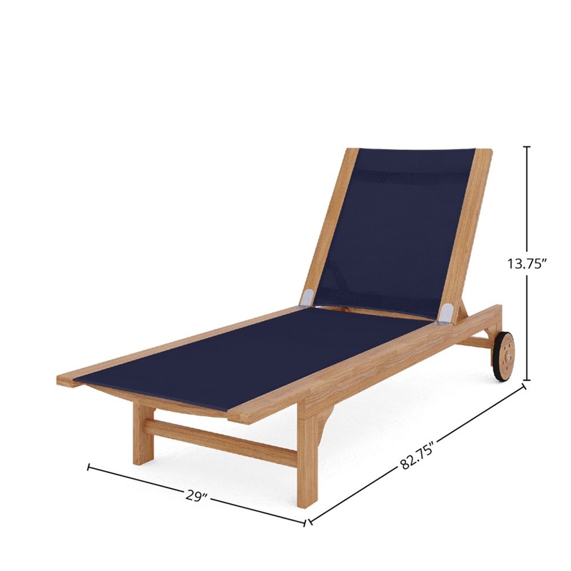 Pemberly Row Traditional Teak Outdoor Reclining Sunlounger in Blue with Wheels