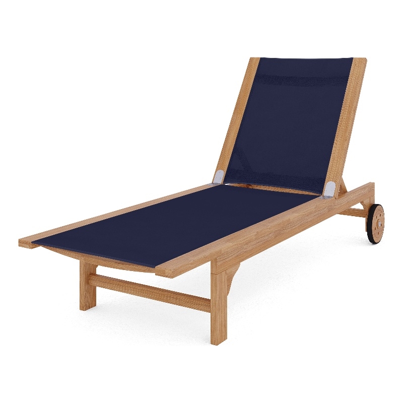 Pemberly Row Traditional Teak Outdoor Reclining Sunlounger in Blue with Wheels