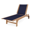 Pemberly Row Traditional Teak Outdoor Reclining Sunlounger in Blue with Wheels
