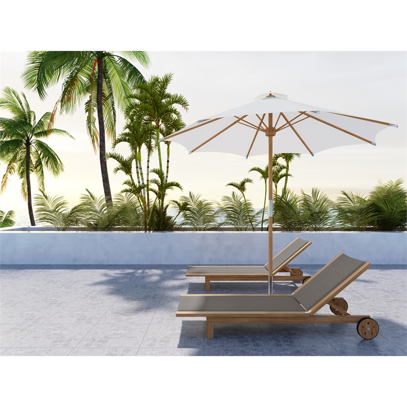 Pemberly Row Traditional Teak Outdoor Reclining Sunlounger in Taupe with Wheels