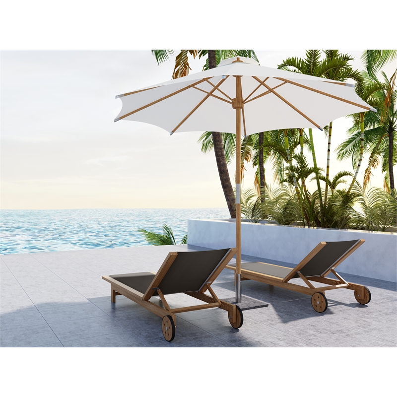 Pemberly Row Traditional Teak Outdoor Reclining Sunlounger in Taupe with Wheels