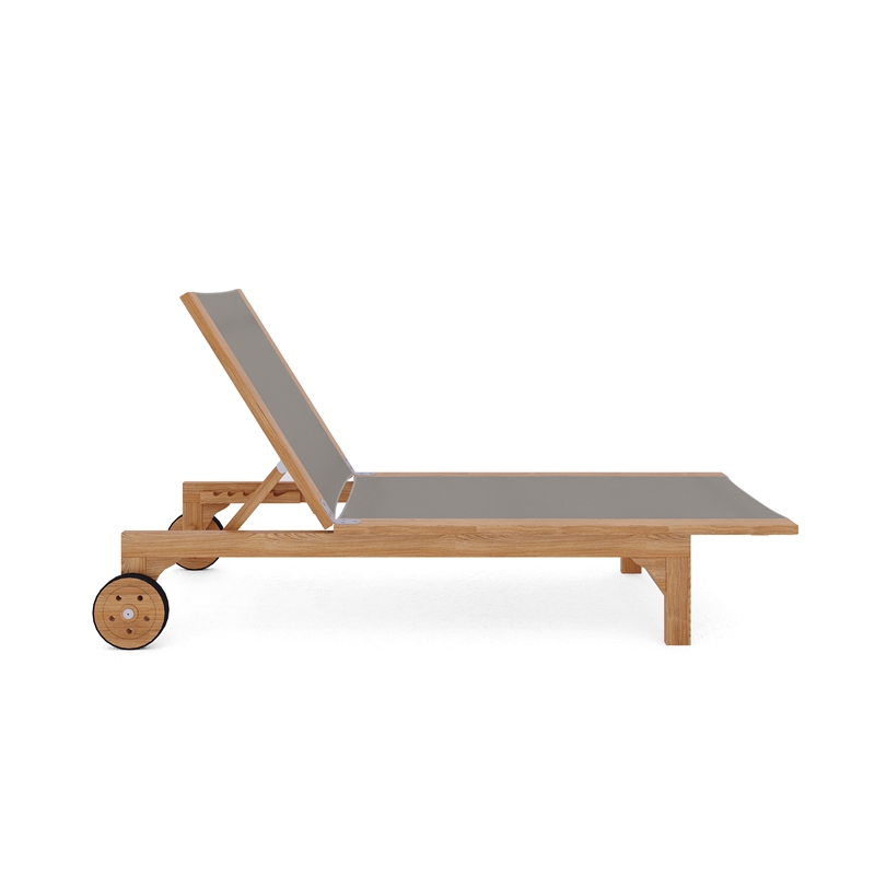 Pemberly Row Traditional Teak Outdoor Reclining Sunlounger in Taupe with Wheels