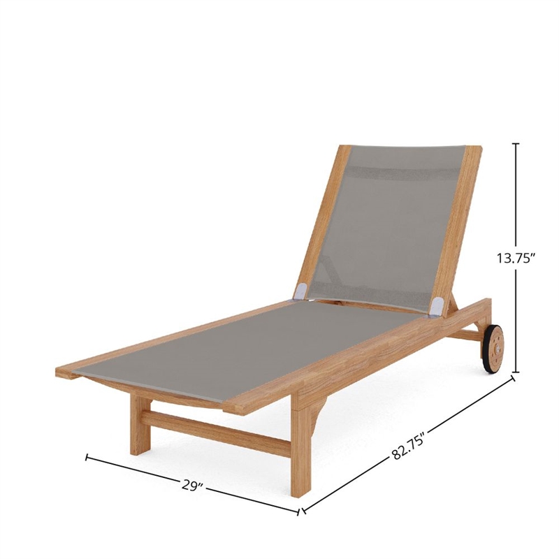 Pemberly Row Traditional Teak Outdoor Reclining Sunlounger in Taupe with Wheels