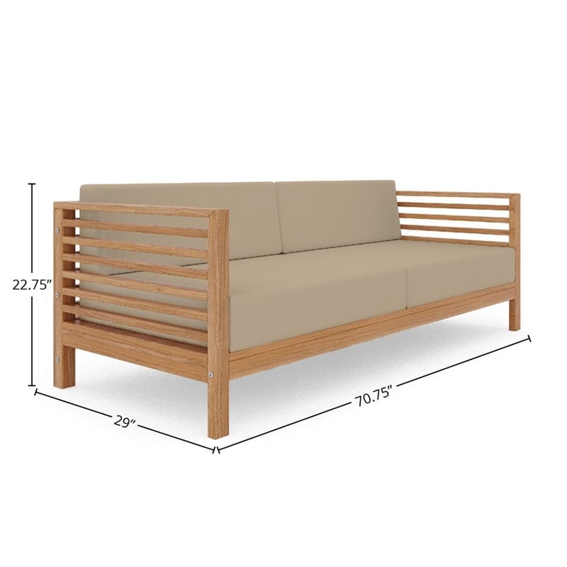 Pemberly Row Traditional 3-Person Teak Outdoor Sofa with Fawn Cushions