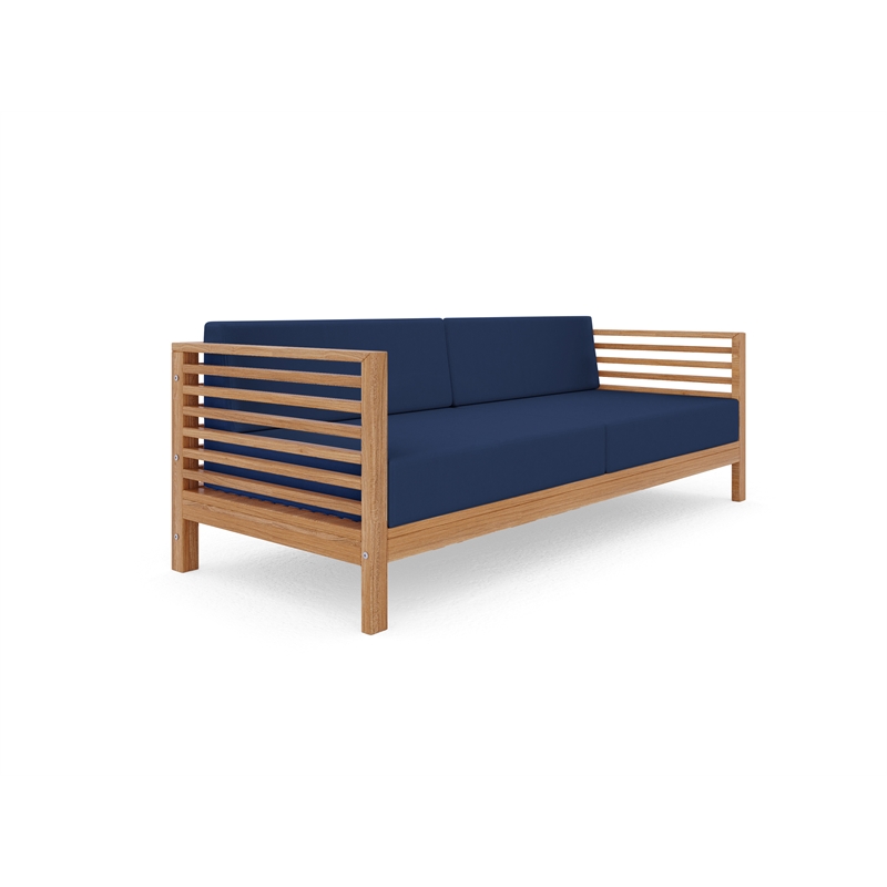 Pemberly Row Traditional 3-Person Teak Outdoor Sofa with Navy Cushions