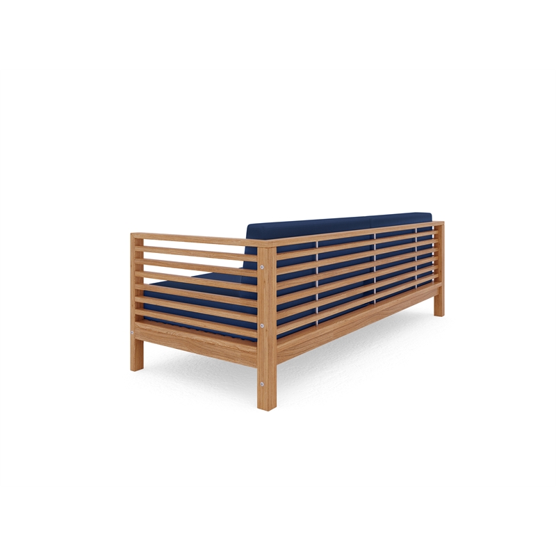Pemberly Row Traditional 3-Person Teak Outdoor Sofa with Navy Cushions