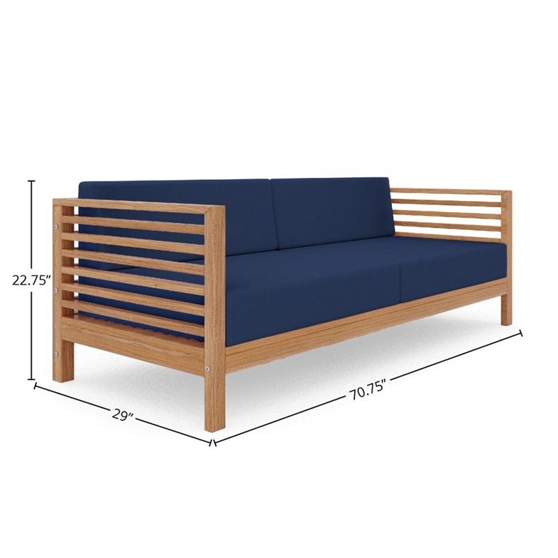 Pemberly Row Traditional 3-Person Teak Outdoor Sofa with Navy Cushions