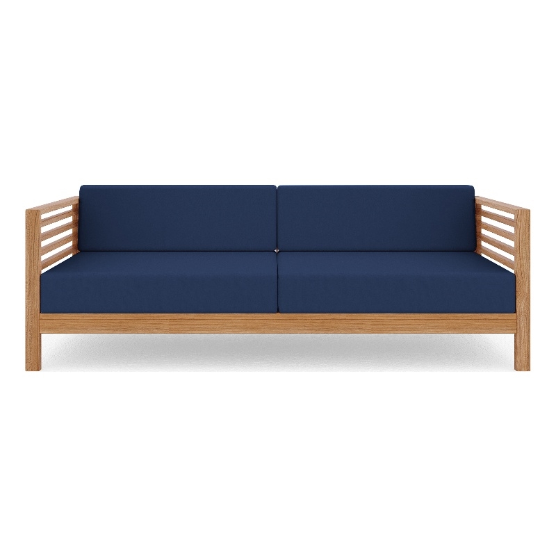 Pemberly Row Traditional 3-Person Teak Outdoor Sofa with Navy Cushions
