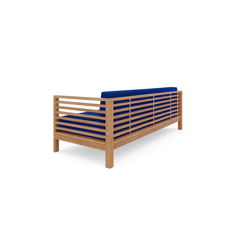 Pemberly Row Traditional 3-Person Teak Outdoor Sofa with True Blue Cushions
