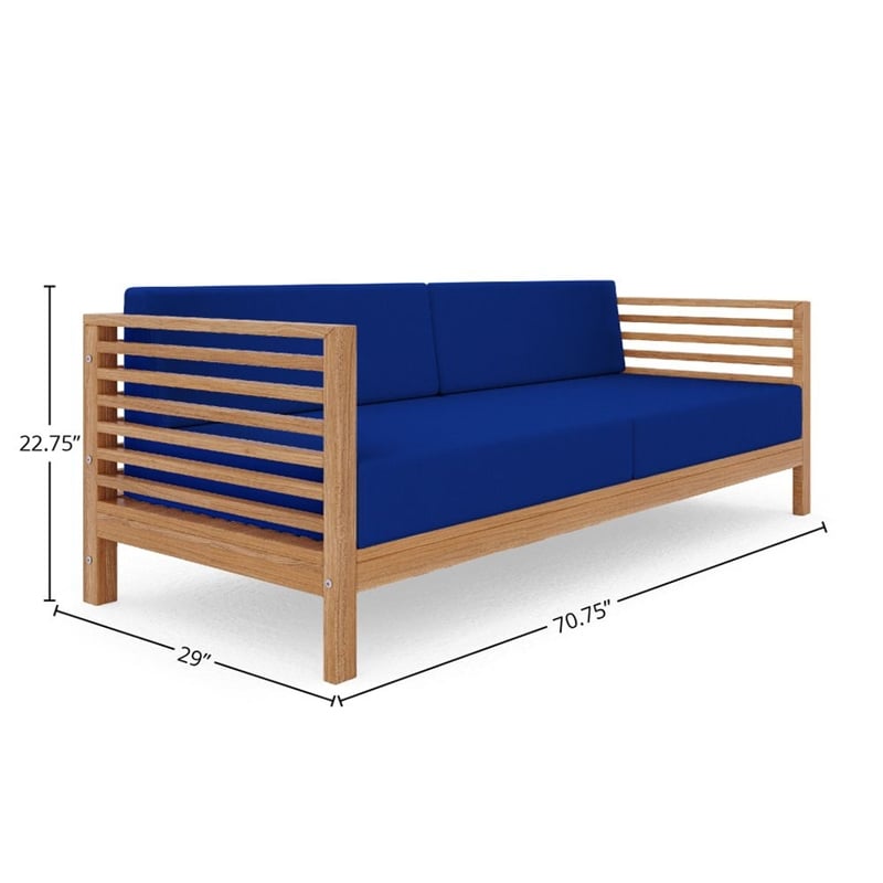 Pemberly Row Traditional 3-Person Teak Outdoor Sofa with True Blue Cushions