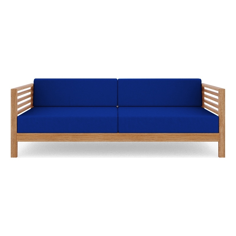 Pemberly Row Traditional 3-Person Teak Outdoor Sofa with True Blue Cushions