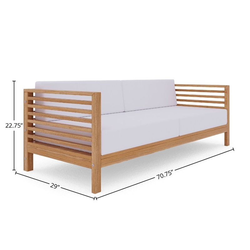 Pemberly Row Traditional 3-Person Teak Outdoor Sofa with White Cushions