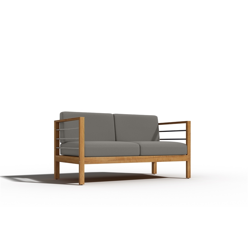 Pemberly Row Traditional 3-Person Teak Outdoor Sofa with Charcoal Cushions