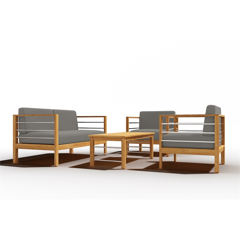 Pemberly Row Traditional 3-Person Teak Outdoor Sofa with Charcoal Cushions