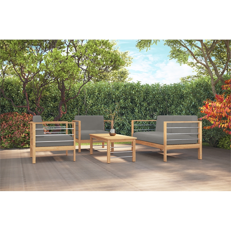 Pemberly Row Traditional 3-Person Teak Outdoor Sofa with Charcoal Cushions