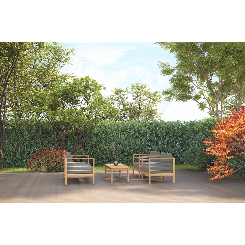 Pemberly Row Traditional 3-Person Teak Outdoor Sofa with Charcoal Cushions