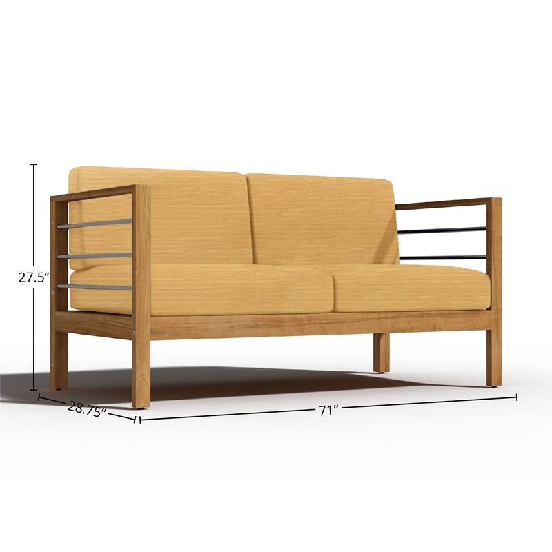 Pemberly Row Traditional 3-Person Teak Outdoor Sofa with Dupione Cornsilk Yellow