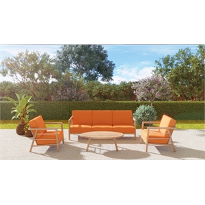 Pemberly Row 4-Piece Teak Outdoor Patio Deep Seating Set w/ Melon Cushions