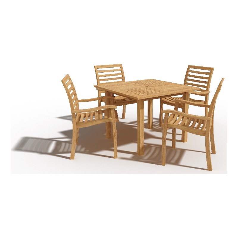 Pemberly Row 5-Piece Square Teak Outdoor Dining Set w/ Armchairs Natural