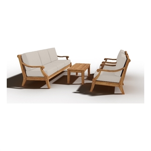 Pemberly Row 4-Piece Teak Outdoor Patio Deep Seating Set w/ Beige Cushions