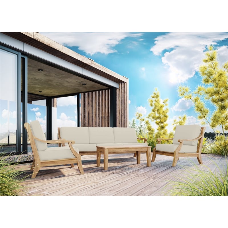 Pemberly Row 4-Piece Teak Outdoor Patio Deep Seating Set w/ Cushions Tan