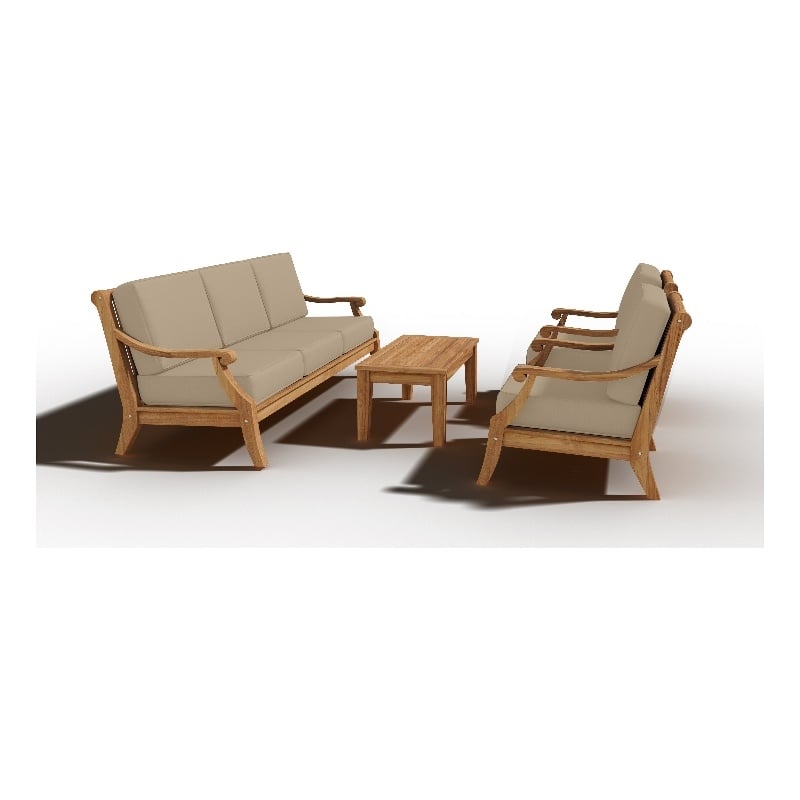 Pemberly Row Traditional 4-Piece Teak Outdoor Patio Deep Seating Set with Fawn